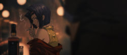 Rule 34 | 1girl, alcohol, bar (place), blurry, blurry background, cigarette, collared shirt, commentary, cowboy bebop, english commentary, faye valentine, hairband, highres, holding, holding cigarette, looking at viewer, off-shoulder jacket, off shoulder, orange hairband, purple hair, shirt, short hair, sleeveless, smile, smoking, solo, wang-xi, whiskey