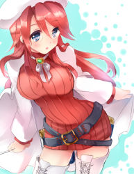 Rule 34 | 1girl, aty (summon night), belt, beret, blue eyes, blush, boots, breasts, cape, colorized, cross-laced footwear, glasses, hat, lace-up boots, large breasts, long hair, long sleeves, nagare, open mouth, red hair, ribbed sweater, simple background, solo, summon night, summon night 3, sweater, thigh boots, thighhighs, white footwear, white thighhighs, zettai ryouiki