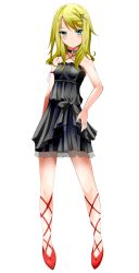 Rule 34 | 1girl, arm at side, bare shoulders, black collar, black dress, blonde hair, blue eyes, blush, breasts, chloe winchester, collar, dress, full body, hand on own hip, long hair, looking at viewer, official art, patriarch xtasy, red footwear, small breasts, solo, standing, transparent background
