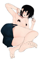 Rule 34 | 1girl, absurdres, armpits, black choker, black hair, blue shorts, breasts, chainsaw man, choker, cross pasties, full body, grenade pin, grey eyes, hair between eyes, twirling hair, highres, looking at viewer, medium breasts, open mouth, pasties, reze (chainsaw man), short hair, shorts, simple background, smile, solo, teeth, toe scrunch, toes, user tszc7435, white background