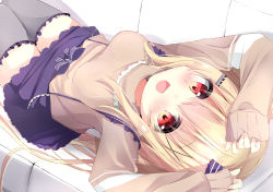 Rule 34 | 1girl, :d, arms up, blonde hair, blue bow, blue skirt, blush, bow, breasts, brown shirt, chocolat neige, couch, fingernails, frilled thighhighs, frills, grey thighhighs, hair between eyes, hair bow, hair ornament, hairclip, kouda suzu, long hair, long sleeves, looking at viewer, lying, medium breasts, on back, on couch, open mouth, red eyes, shirt, sidelocks, skirt, sleeves past wrists, smile, solo, striped, striped bow, sugatem! -sugarfull tempering-, suspender skirt, suspenders, thighhighs, very long hair