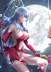 Rule 34 | 1girl, absurdres, airysher, artemis (fate), artemis (third ascension) (fate), bare legs, bare shoulders, blue eyes, breasts, cleavage, closed mouth, clothing cutout, commentary request, dress, elbow gloves, fate/grand order, fate (series), female focus, floating hair, from side, full moon, gloves, highres, hoop, jewelry, large breasts, legs, long hair, looking down, moon, navel, navel cutout, neck, necklace, night, night sky, red dress, red gloves, revealing clothes, serious, short dress, sideboob, silver hair, sitting, sky, solo, strapless, strapless dress, very long hair