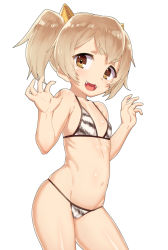 Rule 34 | 1girl, :3, :d, animal print, bikini, blush, brown eyes, brown hair, cameltoe, collarbone, cowboy shot, eyebrows, fangs, flat chest, from side, grey hair, groin, hands up, happy, horns, looking at viewer, navel, oni horns, open mouth, parted bangs, ponytail, print bikini, ribs, sengoku collection, short eyebrows, short hair, short twintails, simple background, skindentation, smile, solo, stomach, string bikini, swimsuit, tenchisouha, thick eyebrows, tiger print, toyotomi hideyoshi (sengoku collection), twintails, white background