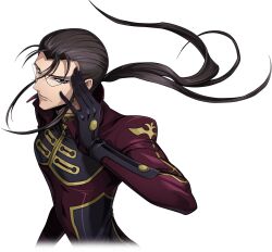 Rule 34 | 1boy, adjusting eyewear, arm at side, artist request, bangs pinned back, black gloves, blue eyes, bodysuit, brown hair, closed mouth, code geass, code geass: lost stories, cropped torso, earpiece, game cg, gilbert g.p. guilford, glasses, gloves, gold trim, hand up, highres, long hair, looking at viewer, male focus, military uniform, non-web source, official art, ponytail, red bodysuit, rimless eyewear, simple background, solo, standing, transparent background, two-tone bodysuit, uniform, upper body