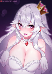 Rule 34 | 1girl, artist name, bare shoulders, blush, breasts, breasts squeezed together, cleavage, collar, commentary, crown, detached collar, dress, earrings, elbow gloves, fang, frilled collar, frilled dress, frills, gloves, hair between eyes, jewelry, large breasts, long hair, looking at viewer, luigi&#039;s mansion, mario (series), mini crown, new super mario bros. u deluxe, nintendo, patreon logo, paw pose, pointy ears, princess king boo, purple eyes, sidelocks, slit pupils, smile, solo, super crown, tilted headwear, tofuubear, tongue, tongue out, very long hair, white dress, white gloves, white hair