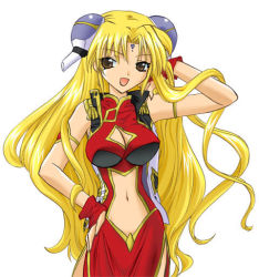 Rule 34 | 00s, 1girl, arm behind head, blonde hair, breasts, bridal gauntlets, brown eyes, cleavage cutout, clothing cutout, contrapposto, dress, facial mark, forehead mark, galaxy angel, gloves, hand on own hip, impossible clothes, impossible dress, large breasts, long hair, looking at viewer, navel cutout, one eye closed, open mouth, pelvic curtain, ranpha franboise, side slit, simple background, smile, solo, tagme, very long hair