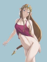Rule 34 | 1girl, absurdres, bare shoulders, blue background, blue eyes, bottomless, braid, collarbone, earrings, elf, highres, jewelry, long hair, looking at viewer, navel, nintendo, pointy ears, pomelomelon, princess zelda, purple shirt, shirt, simple background, single earring, sleeveless, smile, solo, the legend of zelda, the legend of zelda: twilight princess, tiara, topless, very long hair
