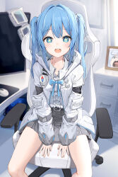 Rule 34 | + +, 1girl, :d, absurdres, blue bow, blue eyes, blue hair, bow, center frills, chair, commentary request, crying aqua (meme), dduck kong, frills, grey skirt, hair between eyes, hair intakes, highres, indoors, jacket, long hair, long sleeves, looking at viewer, meme, monitor, mouse (computer), mousepad (object), multicolored hair, office chair, on chair, open mouth, original, pleated skirt, puffy long sleeves, puffy sleeves, shirt, sidelocks, skirt, sleeves past wrists, smile, solo, streaked hair, swivel chair, twintails, white jacket, white shirt