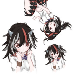 1girl :d absurdres black_hair cone_horns grey_horns highres horns kijin_seija kokowoch looking_at_viewer multicolored_hair navel open_mouth pleading_eyes red_eyes red_hair shirt short_hair short_sleeves skirt small_horns smile solo streaked_hair touhou white_background white_hair white_shirt