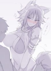 Rule 34 | 1boy, 1girl, animal ear fluff, animal ears, arm strap, bikini pull, blush, breast sucking, breasts, clothes lift, clothes pull, criss-cross halter, girl on top, greyscale, halterneck, heart, large breasts, makoto (princess connect!), makoto (summer) (princess connect!), mobu, monochrome, navel, o-ring, one breast out, princess connect!, see-through, shirt, shirt lift, short hair, short hair with long locks, simple background, solo focus, speech bubble, spoken heart, straddling, t-shirt, tail, translation request, white background, wolf ears, wolf girl, wolf tail