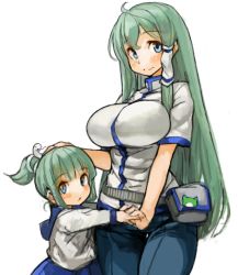 Rule 34 | 2girls, ahoge, blue eyes, blue pants, blush, breasts, fanny pack, frog, green hair, hair ornament, hair tubes, hand on another&#039;s head, holding hands, kochiya sanae, large breasts, long hair, mother and daughter, multiple girls, pants, sachito, short ponytail, simple background, smile, snake hair ornament, thigh gap, touhou, very long hair, white background