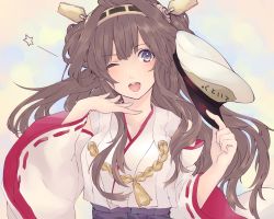 Rule 34 | 10s, 1girl, ahoge, bad id, bad twitter id, bare shoulders, brown hair, detached sleeves, hairband, hat, unworn hat, unworn headwear, holding, holding clothes, holding hat, japanese clothes, kantai collection, kongou (kancolle), long hair, long sleeves, looking at viewer, multicolored eyes, one eye closed, open mouth, personification, saki hajime, solo, star (symbol), translated, wide sleeves, wink