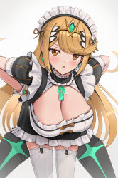 Rule 34 | 1girl, :o, alternate costume, bent over, blonde hair, blush, breasts, chest jewel, cleavage, dress, earrings, enmaided, frilled dress, frills, garter straps, gloves, gonzarez, hands on own hips, highres, jewelry, large breasts, leaning forward, long hair, maid, maid day, maid headdress, mythra (xenoblade), orange eyes, solo, sweatdrop, thighhighs, tiara, v-shaped eyebrows, white gloves, white thighhighs, xenoblade chronicles (series), xenoblade chronicles 2, zettai ryouiki