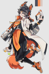 Rule 34 | 1boy, aak (arknights), animal ear piercing, animal ears, arknights, bag, black hair, black nails, black pants, braid, coat, color guide, commentary, eyeshadow, furry, furry male, grey background, grin, gun, hair over one eye, holding, holding gun, holding jar, holding weapon, jar, lab coat, makeup, male focus, multicolored hair, nail polish, nishi juuji, orange footwear, orange hair, orange shirt, pants, red eyeshadow, shirt, shoes, side braid, simple background, slit pupils, smile, sneakers, solo, streaked hair, tail, weapon, white coat, yellow eyes