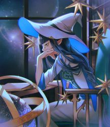 Rule 34 | 1girl, black hair, blunt bangs, book, bookshelf, braid, dress, elbows on table, from side, fuyuumikou, glasses, globe, hat, head rest, highres, indoors, long hair, looking down, original, pince-nez, planet, pointy ears, profile, reading, sitting, solo, space, star (symbol), very long hair, window, witch, witch hat