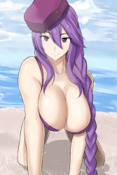 Rule 34 | 1girl, all fours, alternate breast size, beach, blue sky, braid, breasts, cleavage, day, hat, large breasts, long hair, looking at viewer, melty blood, ocean, outdoors, purple eyes, purple hair, sion eltnam atlasia, sky, smile, solo, takara joney, tsukihime, very long hair