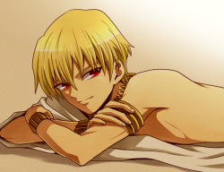 Rule 34 | 1boy, armlet, bad id, bad pixiv id, blonde hair, bracelet, brown background, fate/zero, fate (series), gilgamesh (fate), jewelry, male focus, necklace, red eyes, topless male, sitasio, solo, toga