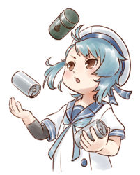 Rule 34 | 1girl, anchor symbol, arm warmers, blue hair, blue neckwear, blue ribbon, blue sailor collar, brown eyes, commentary request, depth charge, fukae (kancolle), hat, juggling, kantai collection, karasu (naoshow357), ribbon, sailor collar, sailor hat, school uniform, serafuku, simple background, single arm warmer, solo, upper body, white background, white hat