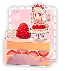 Rule 34 | 1girl, artist name, blush, bow, cake, cake slice, chibi, closed mouth, commentary, dav-19, dress, food, food-themed clothes, frilled dress, frills, fruit, full body, hair between eyes, hands on own face, lace background, long hair, long sleeves, looking at viewer, multicolored clothes, multicolored dress, original, pantyhose, personification, pink bow, red eyes, red footwear, shortcake, smile, solo, standing, standing on one leg, strawberry, strawberry shortcake, transparent background, watermark, web address, white hair, white pantyhose