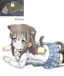 Rule 34 | 1girl, absurdres, animal ear fluff, animal ears, artist logo, artist name, black thighhighs, blue eyes, blue sailor collar, blue skirt, brown hair, butter, cat ears, cat tail, commentary request, crying, crying with eyes open, foil, food, furrowed brow, highres, long hair, long sleeves, looking at viewer, lying, meme, nisp art, on stomach, original, pleated skirt, reference inset, russian commentary, sailor collar, shirt, sidelocks, simple background, skirt, solo, tail, tears, thighhighs, white background, white shirt