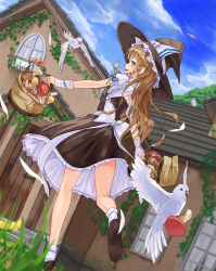 Rule 34 | 1girl, :d, animal, arch, back, bag, basket, bird, black footwear, black hat, black skirt, black vest, blonde hair, blue ribbon, blue sky, bow, braid, brown eyes, building, cloud, day, door, dove, dutch angle, feathers, frills, from behind, from below, grass, hat, hat ribbon, highres, house, kirisame marisa, lace, lace-trimmed skirt, lace trim, leaf, light brown hair, long hair, md5 mismatch, muireko, mushroom, open mouth, outdoors, plant, profile, puffy short sleeves, puffy sleeves, ribbon, ribbon-trimmed sleeves, ribbon trim, sash, shirt, shoes, short sleeves, single braid, skirt, skirt set, sky, smile, socks, solo, stairs, touhou, tree, upskirt, vest, vines, walking, white bow, white shirt, white socks, window, witch hat, wrist cuffs