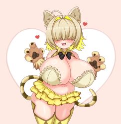 Rule 34 | 1girl, ahoge, animal ears, animal hands, bare shoulders, bell, blonde hair, blush, bow, bowtie, breasts, cat ears, cat girl, cat tail, cheshire cat (monster girl encyclopedia), cheshire cat (monster girl encyclopedia) (cosplay), claw pose, claws, cleavage, commentary request, cosplay, cowboy shot, dot nose, elegg (nikke), facing viewer, female focus, gloves, goddess of victory: nikke, hair intakes, hair over eyes, heart, heart background, hidden eyes, highres, huge breasts, jingle bell, long bangs, medium hair, miniskirt, multicolored hair, nav (itsnav), navel, neck bell, open mouth, paw pose, pleated skirt, plump, skirt, solo, striped tail, tail, thick thighs, thighhighs, thighs, two-tone hair, w arms, white background, yellow skirt, yellow thighhighs