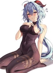 Rule 34 | 1girl, absurdres, adjusting clothes, ahoge, areola slip, arm support, bare arms, bare shoulders, black leotard, black pantyhose, blue hair, blush, bodystocking, bodysuit, breasts, closed mouth, clothes pull, collarbone, covered navel, frown, full body, ganyu (genshin impact), genshin impact, groin, hand on own chest, highleg, highleg leotard, highres, horns, large breasts, leotard, leotard under clothes, long hair, looking at viewer, medium breasts, no gloves, no shoes, pantyhose, pulled by self, purple eyes, seiza, sideboob, sidelocks, simple background, sitting, sleeveless, solo, squiggle, thighlet, thighs, very long hair, vitaminechan, white background