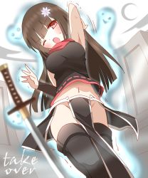 Rule 34 | 1girl, arm up, arm warmers, armpits, bare shoulders, black shirt, black thighhighs, blunt bangs, blurry, blurry foreground, blush, breasts, brown hair, commentary request, depth of field, flower, groin, hair flower, hair ornament, head tilt, highres, indoors, katana, long hair, looking at viewer, medium breasts, navel, ninja, non (wednesday-classic), one eye closed, open mouth, original, pelvic curtain, possessed, red eyes, red scarf, scarf, shirt, sleeveless, sleeveless shirt, solo, spirit, sweat, sword, thighhighs, trembling, very long hair, weapon, white flower