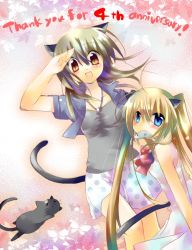 Rule 34 | 2girls, :d, animal, animal ears, blonde hair, blue eyes, blush, bow, bowtie, brown eyes, cat, cat ears, cat tail, collarbone, gem, jewelry, jin rikuri, long hair, looking at viewer, multiple girls, necklace, open mouth, original, pendant, polka dot, polka dot skirt, red bow, red bowtie, salute, skirt, smile, tail, very long hair, white skirt