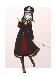 Rule 34 | 1girl, :o, absurdres, black dress, black headwear, black pantyhose, blue hair, boots, breasts, brown footwear, dress, habit, highres, holding, holding staff, ishiyumi, leaning to the side, medium breasts, open mouth, original, pantyhose, priestess, red eyes, short hair, solo, staff