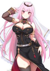 Rule 34 | 1girl, absurdres, armlet, artist name, asymmetrical sleeves, bare shoulders, belt, black dress, breasts, cleavage, detached sleeves, dress, foxyreine, hair flip, highres, hololive, hololive english, large breasts, long hair, looking at viewer, loose belt, mori calliope, pink eyes, pink hair, side slit, simple background, single thighhigh, smile, solo, thighhighs, tiara, uneven sleeves, veil, very long hair, virtual youtuber, white background