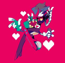 Rule 34 | 2boys, amakusa (hidorozoa), closed mouth, double w, hair over one eye, hand up, heart, high heels, holding, looking at viewer, mettaton, mettaton ex, microphone, multiple boys, pink background, red eyes, robot, short hair, simple background, smile, undertale, w