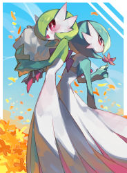 Rule 34 | 2girls, alternate color, blue background, blue hair, blue skin, blue sky, blush, bob cut, border, bouquet, chikichi, colored skin, creatures (company), day, female focus, field, flat chest, flower, flower field, from behind, from side, game freak, gardevoir, gen 3 pokemon, green hair, green skin, hair over one eye, hand up, hands up, happy, highres, holding, holding bouquet, holding flower, looking at viewer, looking back, multicolored skin, multiple girls, nintendo, open mouth, orange flower, outdoors, outside border, petals, pokemon, pokemon (creature), red eyes, red flower, shiny and normal, shiny pokemon, short hair, sky, smile, standing, two-tone skin, white border, white skin, yellow flower