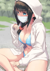 Rule 34 | 10s, 1girl, barefoot, bikini, black hair, blue bikini, blue eyes, breasts, brown hair, cleavage, commentary request, gridman universe, hair ornament, hair scrunchie, hassu, highres, hood, hoodie, indian style, jacket, jonsun, large breasts, long hair, mask, mouth mask, navel, open clothes, open jacket, outdoors, red scrunchie, scrunchie, sitting, solo, ssss.gridman, swimsuit, twitter username, white hoodie, white jacket