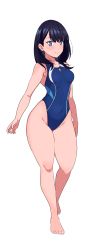 Rule 34 | 1girl, absurdres, aiuti, barefoot, black hair, blue eyes, breasts, collarbone, competition swimsuit, covered navel, full body, gridman universe, highleg, highleg swimsuit, highres, long hair, looking at viewer, medium breasts, one-piece swimsuit, smile, solo, ssss.gridman, standing, straight hair, swimsuit, takarada rikka, wide hips