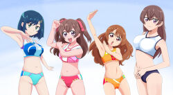 Rule 34 | 4girls, alternate hairstyle, arm up, armpits, black buruma, blue background, blue buruma, blue hair, blue sports bra, breasts, brown hair, buruma, clenched hand, closed mouth, commentary request, delicious party precure, frown, fuwa kokone, gradient background, hair down, hair ornament, hair ribbon, hairclip, hanamichi ran, hand on own arm, head tilt, highres, long hair, looking at viewer, mature female, medium breasts, mother and daughter, multiple girls, nagomi akiho, nagomi yui, navel, open mouth, orange buruma, orange sports bra, partial commentary, pink sports bra, precure, purple eyes, pururun z, red buruma, red eyes, red ribbon, ribbon, short hair, small breasts, smile, sports bra, sportswear, standing, two side up, white sports bra