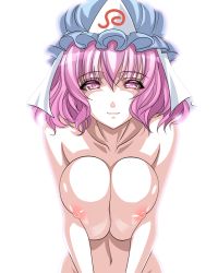 Rule 34 | 1girl, breasts squeezed together, breasts, female focus, hat, navel, nipples, nude, pink eyes, pink hair, red eyes, saburou (hgmg), saigyouji yuyuko, short hair, solo, touhou, upper body, v arms