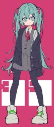 Rule 34 | 1girl, 39, 3774., black jacket, black pantyhose, blue eyes, blue hair, commentary, flat color, full body, grey skirt, grey vest, hair ornament, hairclip, hatsune miku, highres, jacket, long hair, looking at viewer, mikupa, neck ribbon, off shoulder, pantyhose, pink ribbon, pleated skirt, ribbon, shirt, shoes, sidelocks, skirt, sneakers, solo, twintails, very long hair, vest, vocaloid, white footwear, white shirt