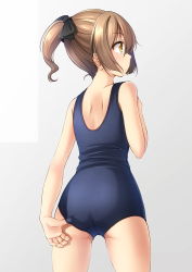 Rule 34 | 1girl, adjusting clothes, adjusting swimsuit, ass, bare arms, bare shoulders, black bow, blue one-piece swimsuit, blush, bow, brown eyes, brown hair, closed mouth, commentary request, cowboy shot, grey background, hair between eyes, hair bow, hand up, highres, looking away, looking to the side, old school swimsuit, one-piece swimsuit, original, ponytail, school swimsuit, shibacha, sidelocks, solo, standing, swimsuit, two-tone background, white background