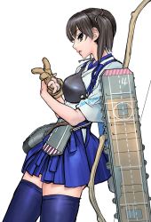 Rule 34 | 1girl, archery shooting glove, armor, blouse, blue skirt, blue thighhighs, breastplate, from side, gloves, hair behind ear, highres, kaga (kancolle), kantai collection, looking at viewer, partially fingerless gloves, shirt, single glove, skindentation, skirt, solo, thighhighs, twintails, white background, white shirt, yonemura kouichirou