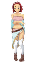 Rule 34 | 10s, 1girl, bare shoulders, belt, blue eyes, blush, breast hold, breasts, full body, gargantia contest, hairband, highres, iga tamaki, looking at viewer, midriff, navel, original, red hair, short hair, smile, solo, standing, stomach, strapless, suisei no gargantia, thighhighs, white background, white thighhighs