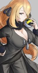 Rule 34 | 1girl, alternate breast size, black collar, blonde hair, breasts, cleavage, coat, collar, commentary, creatures (company), cynthia (pokemon), eyelashes, fur collar, game freak, grey background, grey eyes, hair ornament, hair over one eye, hand on own hip, hand up, highres, holding, holding poke ball, ippers, leaning forward, long hair, long sleeves, looking to the side, nintendo, pants, parted lips, poke ball, pokemon, pokemon dppt, shirt, simple background, sketch, solo, ultra ball