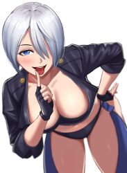 Rule 34 | 1girl, absurdres, angel (kof), black gloves, blue eyes, blush, breasts, cleavage, finger to mouth, fingerless gloves, gloves, hair over one eye, hand on own hip, highres, index finger raised, large breasts, leaning forward, looking at viewer, navel, open mouth, short hair, smile, solo, teeth, the king of fighters, the king of fighters xv, toin (iitoin), tongue, tongue out, upper teeth only