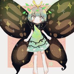 Rule 34 | 1girl, antennae, aqua hair, barefoot, butterfly wings, chibi, constellation print, dress, eternity larva, fairy, fairy wings, full body, green dress, hair ornament, highres, insect wings, kariyushi shirt, leaf, leaf hair ornament, leaf on head, mokumoku22, multicolored clothes, multicolored dress, orange sleeves, single strap, touhou, traditional media, wings, yellow wings