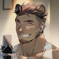 Rule 34 | 1boy, animal ears, bara, earphones, earrings, eyebrow cut, glint, highres, icelernd, jewelry, lion ears, looking at viewer, male focus, mature male, microphone, necklace, original, pectoral cleavage, pectorals, portrait, purple eyes, seductive smile, short hair, sideburns, smile, solo, tank top, thick eyebrows, thick neck, white tank top