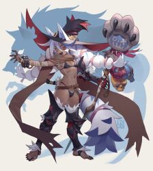 Rule 34 | 1girl, animal ears, arm armor, armor, asymmetrical gloves, bandaged arm, bandaged hand, bandages, belt, bikini, black bikini, black bikini bottom, black claws, bracelet, breasts, brown scarf, chainmail, claws, dark-skinned female, dark skin, facial mark, fang, fen (poch4n), fur trim, gloves, hat, highleg, highleg bikini, highres, holding, holding staff, jewelry, leg armor, long hair, long scarf, looking at viewer, mismatched gloves, navel, original, poch4n, scar, scar on stomach, scarf, sharp toenails, skull, slit pupils, small breasts, spiked bracelet, spikes, staff, string bikini, swimsuit, tail, toenails, torn clothes, torn scarf, twintails, weapon, weapon on back, werewolf, white background, white hair, witch hat, wolf, wolf ears, wolf girl, wolf tail