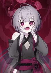 Rule 34 | 1girl, absurdres, bandaged arm, bandaged hand, bandages, bare shoulders, black kimono, black nails, blue archive, cleavage cutout, clothing cutout, commentary, detached sleeves, flareza, flat chest, glowing, glowing eyes, grey hair, halo, hands on own cheeks, hands on own face, highres, japanese clothes, kimono, looking at viewer, nail polish, obi, obijime, open mouth, purple eyes, sash, shuro (blue archive), smile, solo, symbol-only commentary, teeth, tongue, upper body, upper teeth only