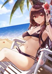 Rule 34 | 1girl, beach, bikini, black bikini, bracelet, breasts, chair, crossed legs, day, fate/grand order, fate (series), flower, hair between eyes, hair flower, hair ornament, hand on own hip, horizon, jewelry, kim eb, large breasts, lens flare, long hair, looking at viewer, lounge chair, navel, outdoors, palm tree, parted lips, purple eyes, purple flower, purple hair, scathach (fate), sitting, solo, starfish, swimsuit, thighs, tree, tsurime, underboob