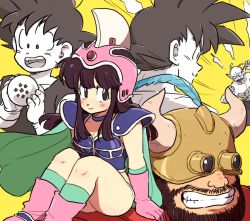 Rule 34 | 1girl, 3boys, :d, armor, back turned, beard, bikini armor, black eyes, black hair, boots, cape, chi-chi (dragon ball), dougi, dragon ball, dragon ball (object), facial hair, father and daughter, feathers, gloves, gyuu mao, helmet, horns, long hair, looking at another, looking at viewer, looking away, multiple boys, open mouth, piccolo, short hair, smile, son goku, spiked hair, tkgsize, wristband, yellow background
