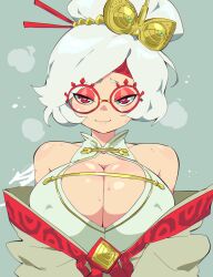 Rule 34 | 1girl, aetherion, bare shoulders, breasts, cleavage cutout, closed mouth, clothing cutout, collarbone, glasses, green background, grey hair, hair bun, half-closed eyes, heart, heart-shaped pupils, highres, jacket, large breasts, looking at viewer, mask, mask on head, naughty face, nintendo, off shoulder, purah, red-framed eyewear, red eyes, short hair, simple background, smile, solo, sweat, symbol-shaped pupils, the legend of zelda, the legend of zelda: tears of the kingdom, upper body